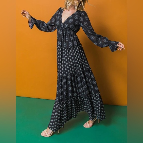 Flying Tomato Maxi Dress Boho Tiered Black Long Sleeve Festival Bump Friendly S - Picture 1 of 14